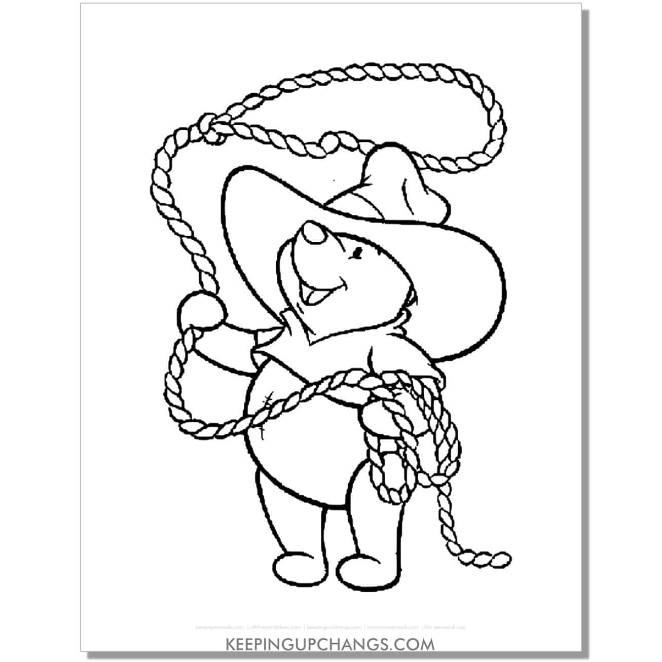 winnie the pooh with cowboy lasso coloring page, sheet.