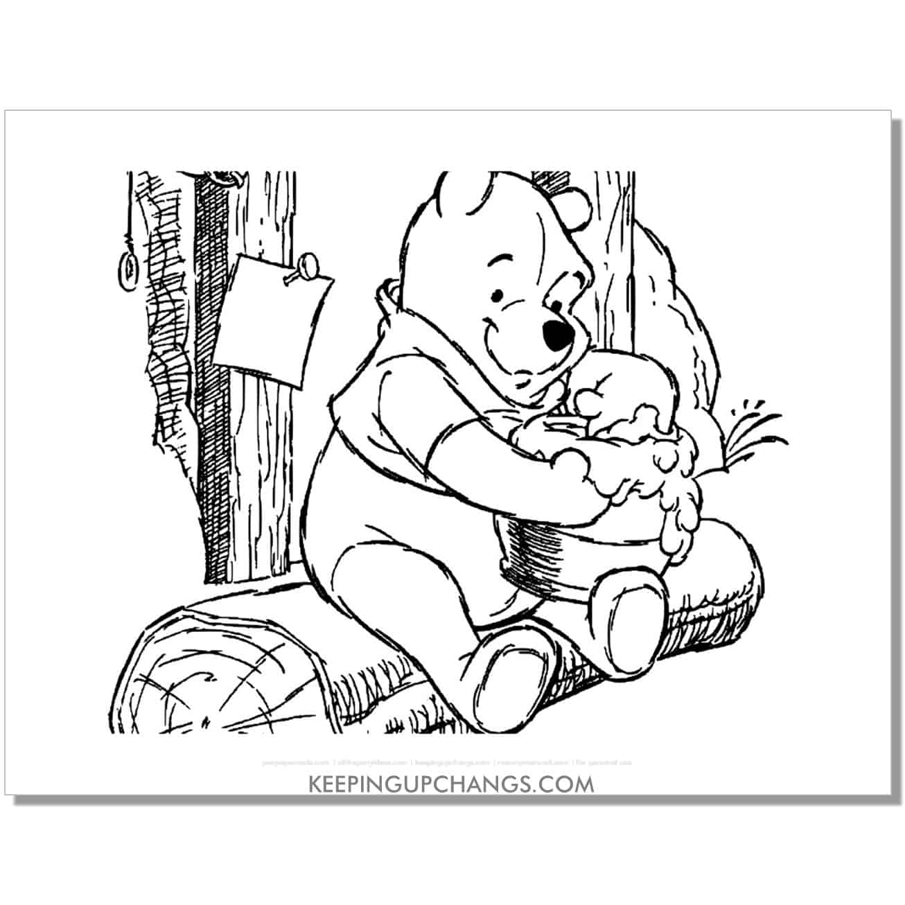 winnie the pooh sitting on log with honey pot coloring page, sheet.