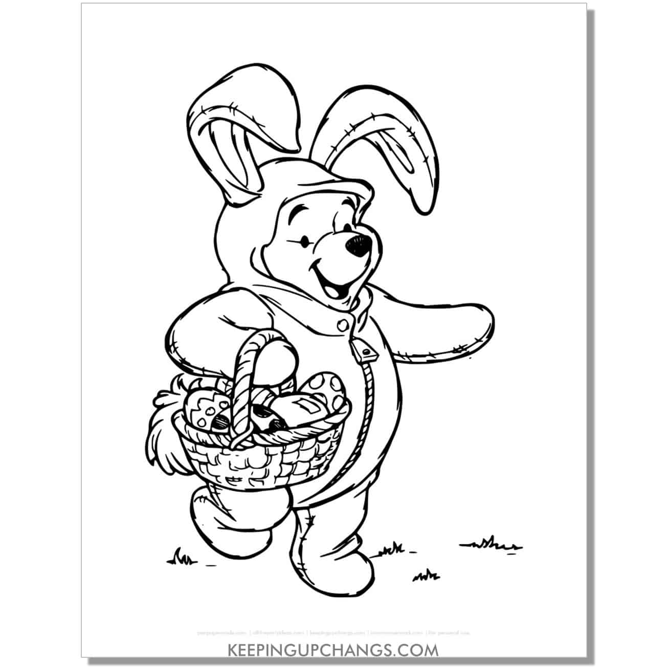 winnie the pooh wearing easter bunny costume coloring page, sheet.