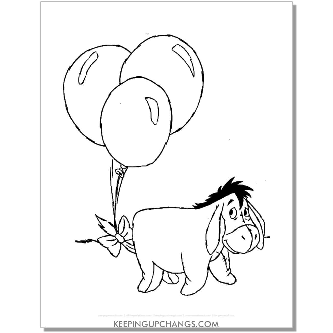 eeyore with balloons on tail coloring page, sheet.