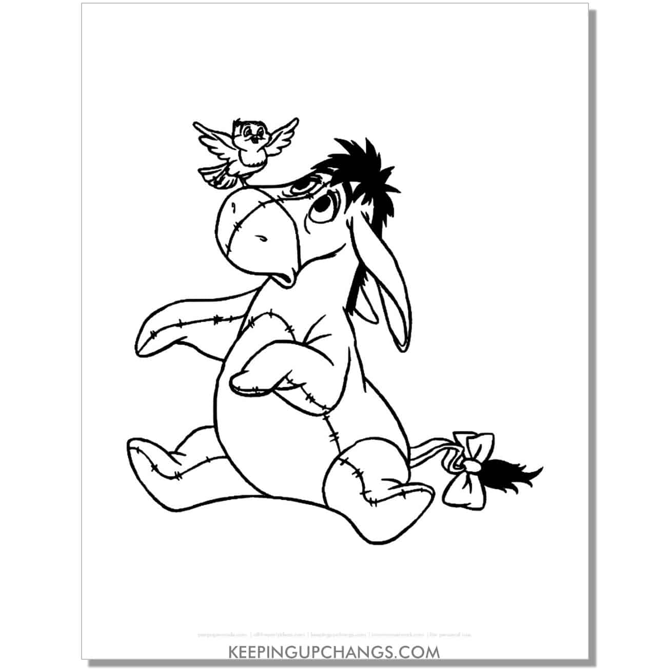 eeyore with bird on nose waving coloring page, sheet.