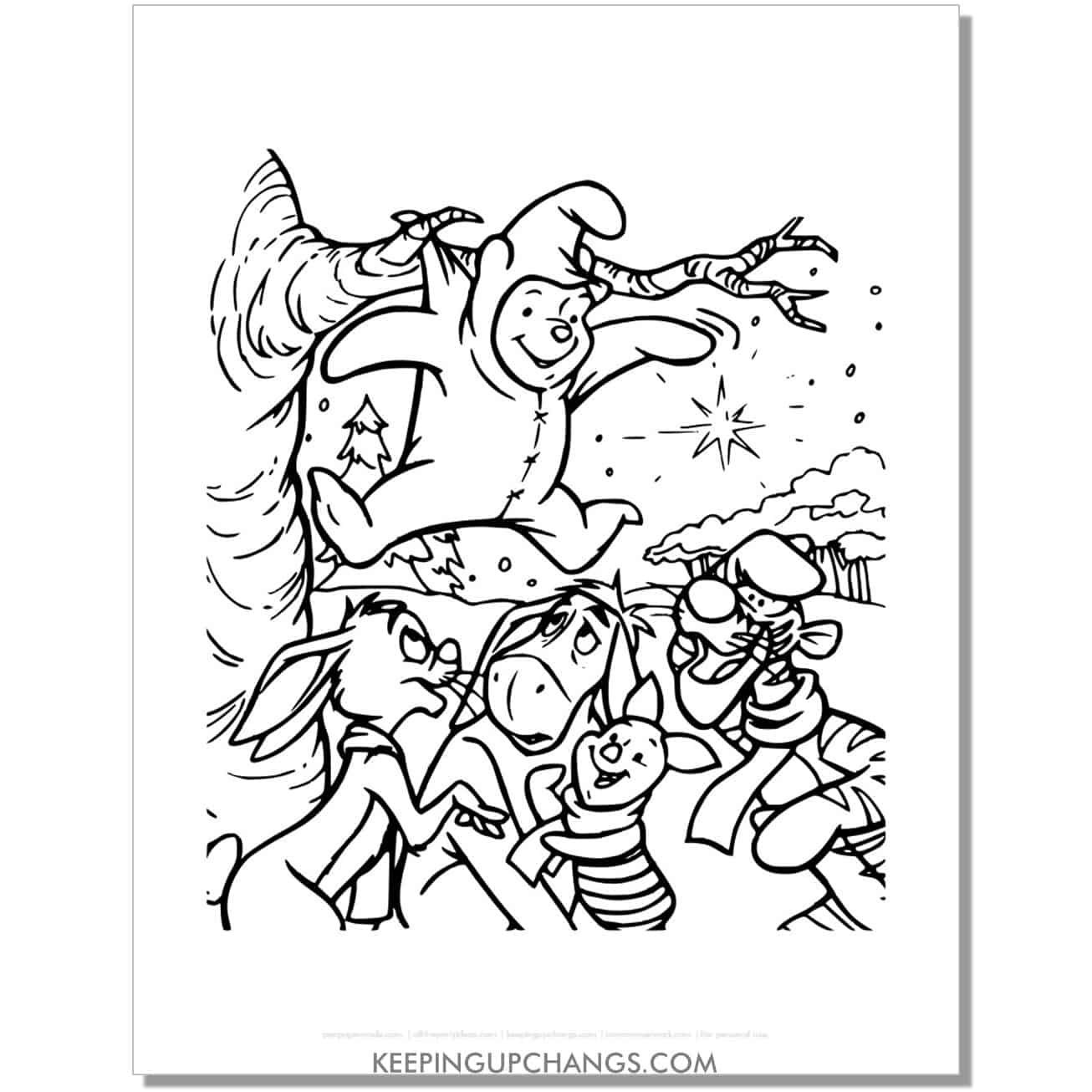 free winnie the pooh, tigger, piglet, eeyore, rabbit in winter coloring page.
