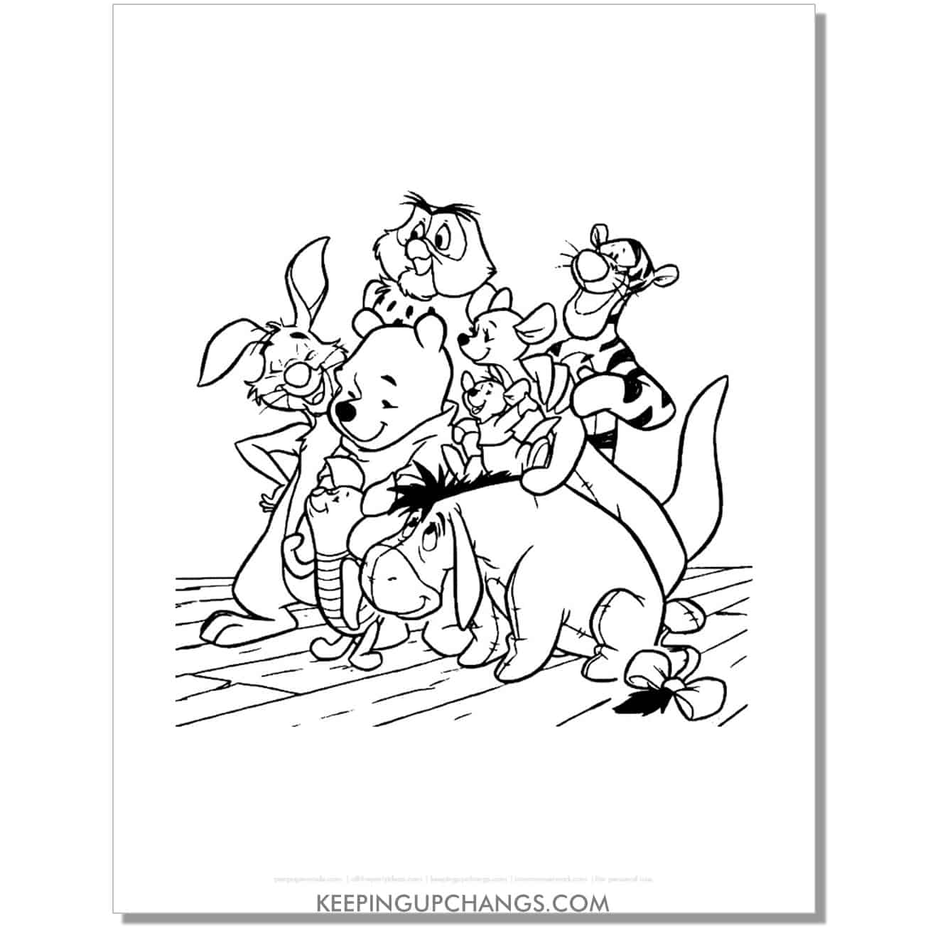 winnie the pooh and friends waving coloring page, sheet.