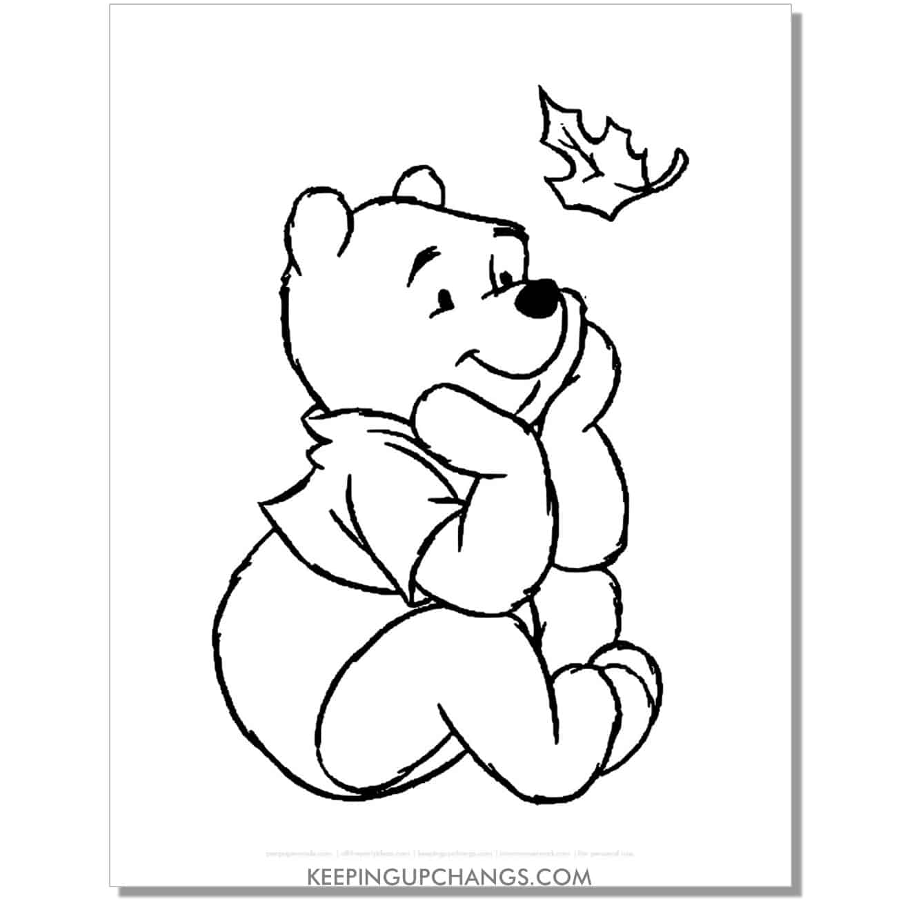 winnie the pooh looking at falling leaf coloring page, sheet.