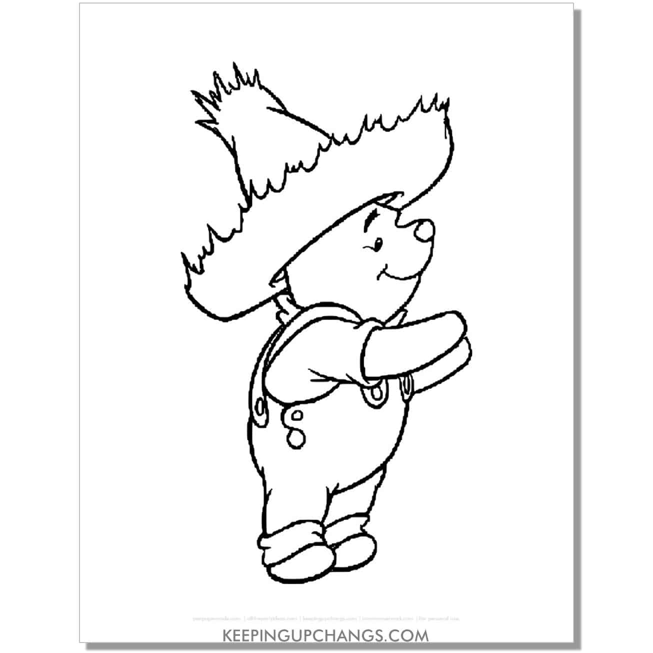 winnie the pooh with straw hat in overalls coloring page, sheet.