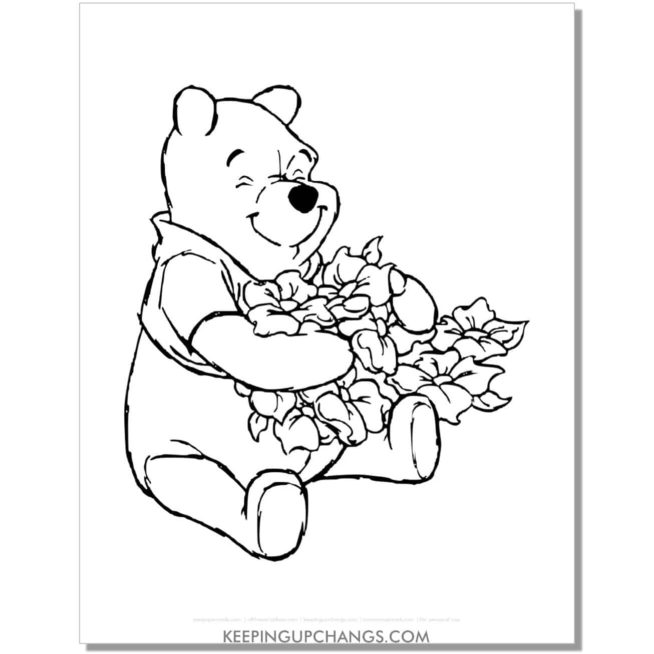 winnie the pooh holding flowers coloring page, sheet.