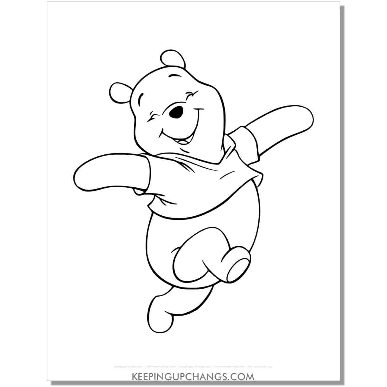 winnie the pooh skipping with joy coloring page, sheet.