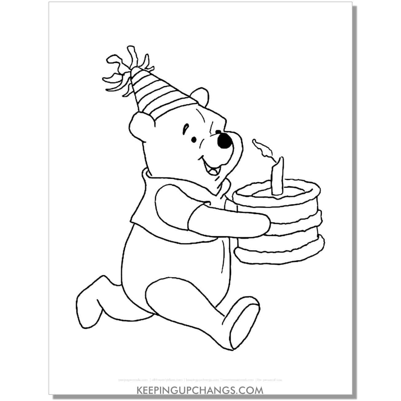 winnie the pooh with happy birthday cake coloring page, sheet.