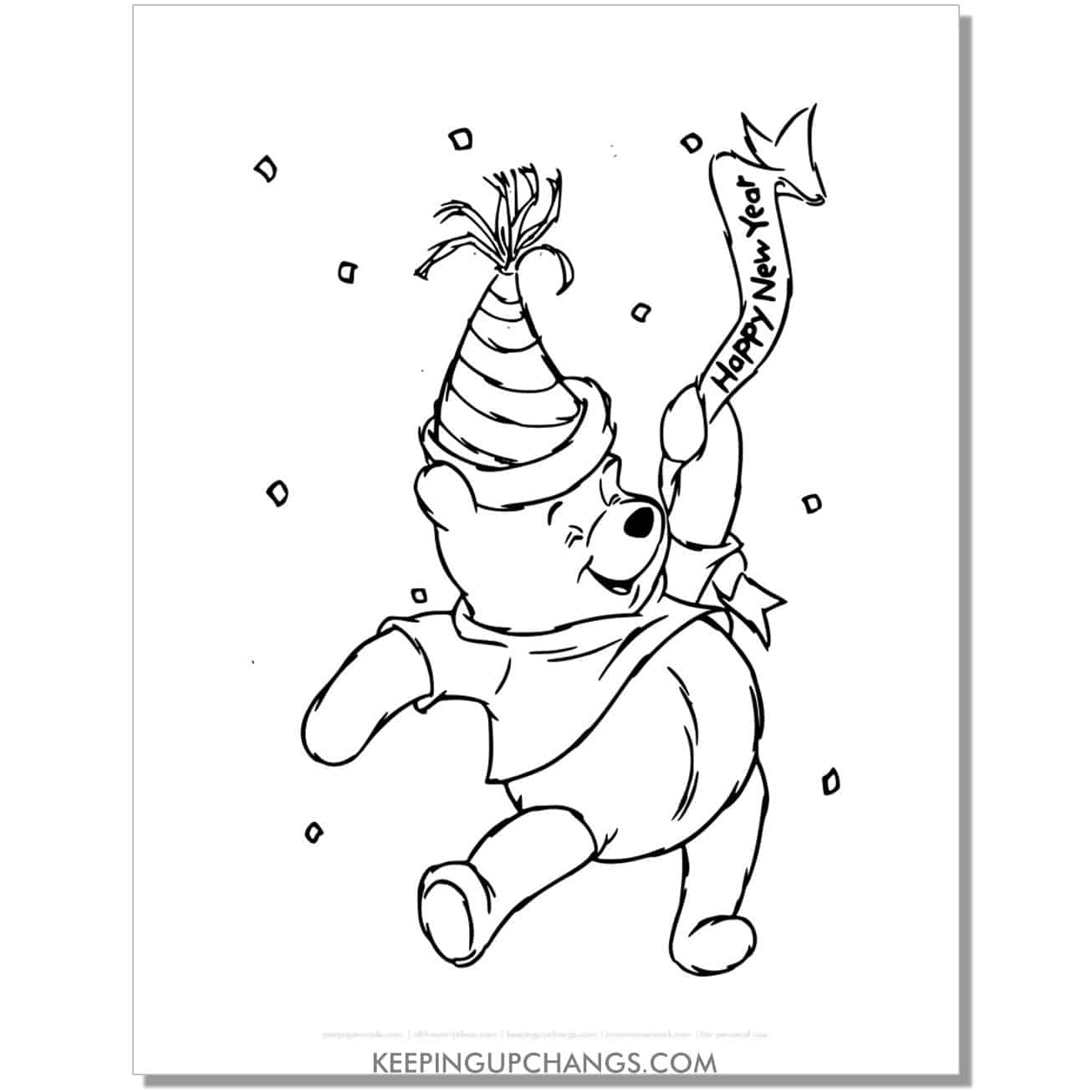 winnie the pooh happy new year coloring page, sheet.