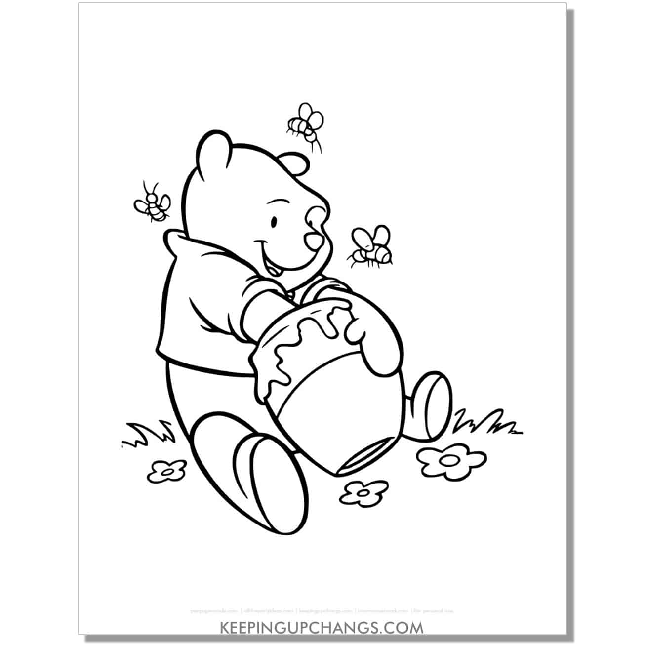 winnie the pooh with honey jar and bees coloring page, sheet.