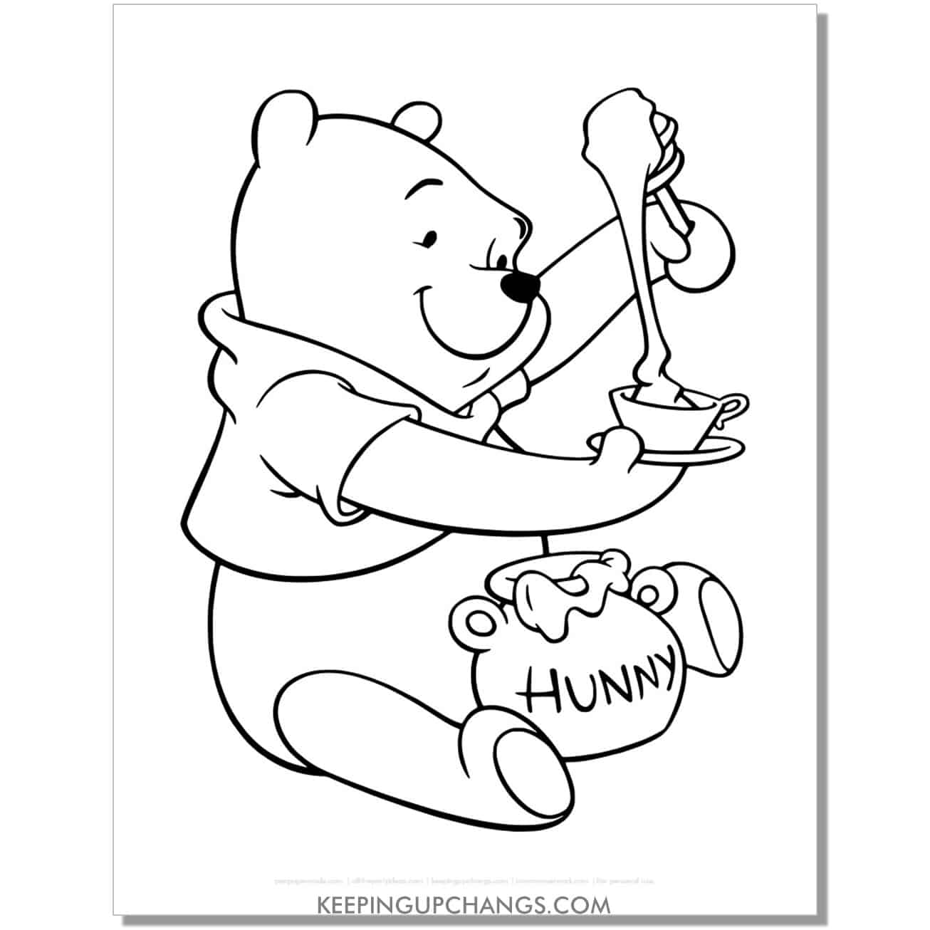 winnie the pooh putting honey into tea coloring page, sheet.