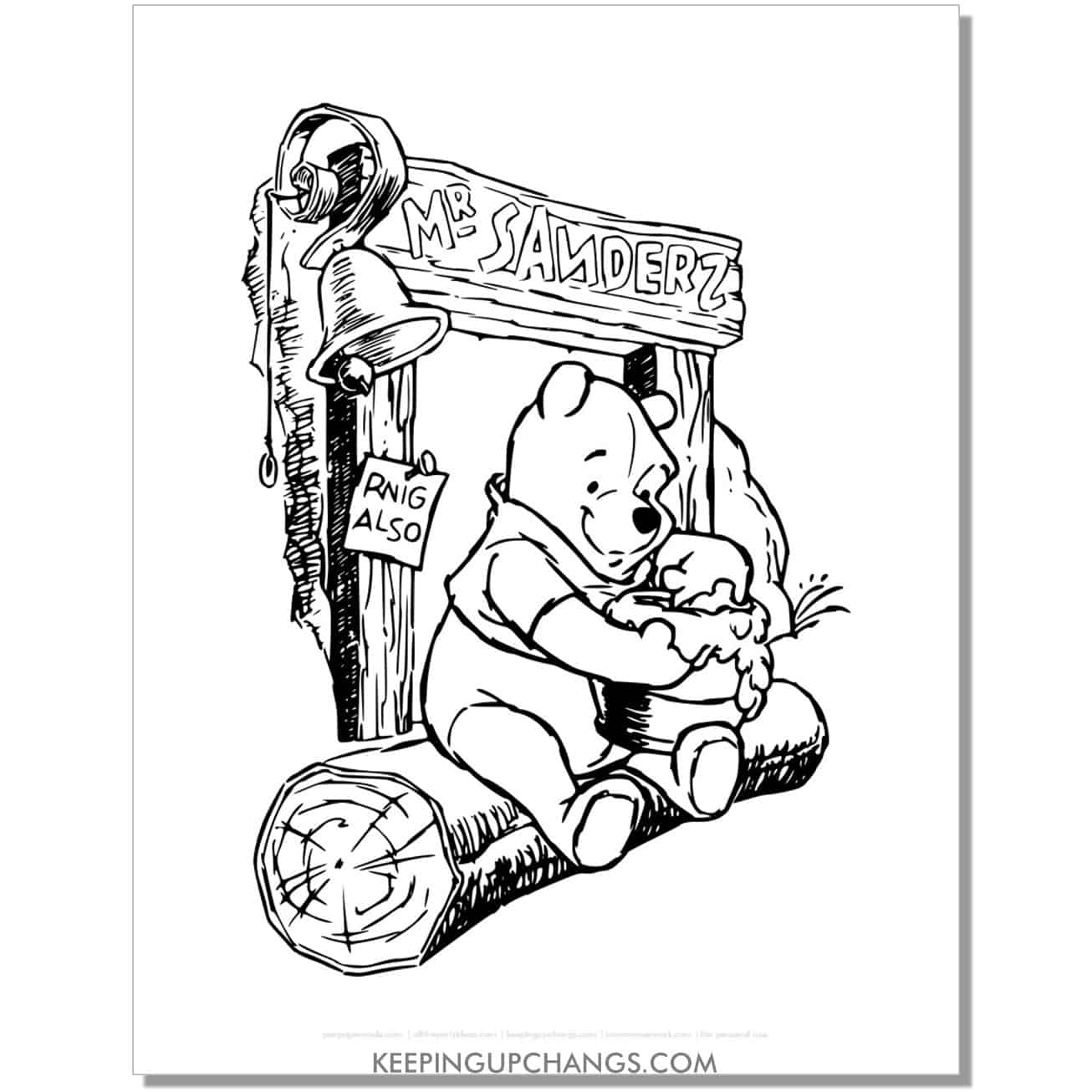 winnie the pooh eating honey at mr sanders stand coloring page, sheet.