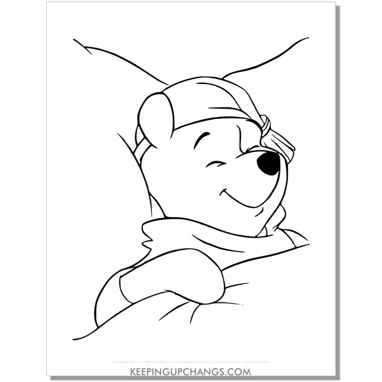 winnie the pooh sleeping in bed coloring page, sheet.
