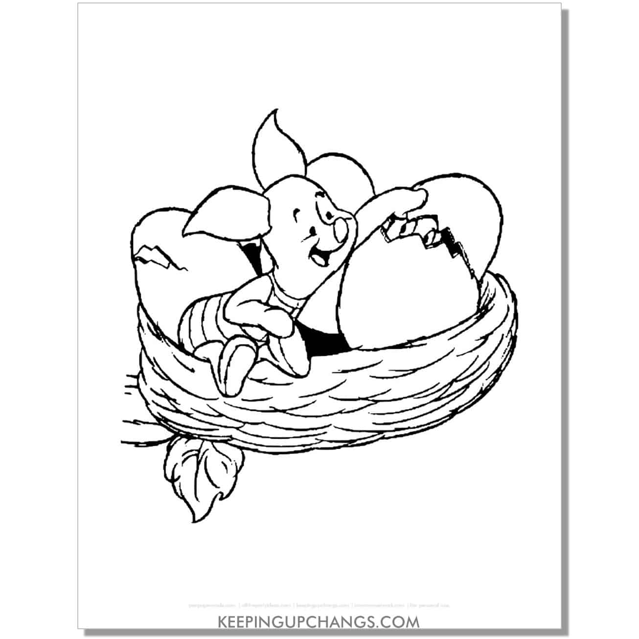 piglet watching egg hatch in bird nest coloring page, sheet.
