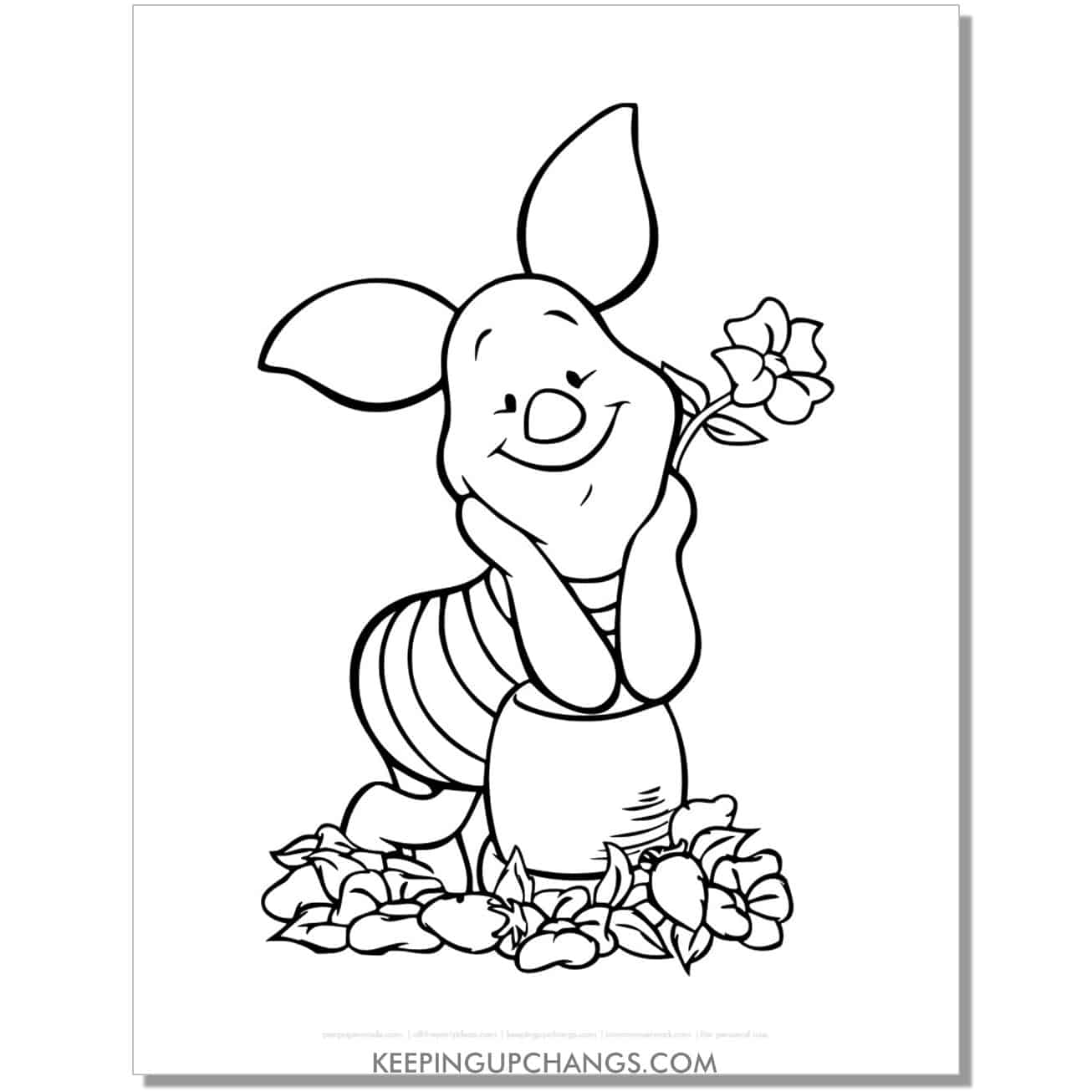 piglet holding flower coloring page, sheet.