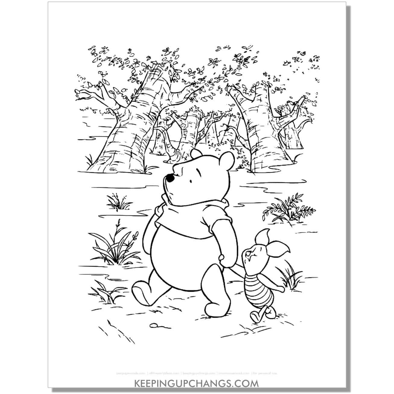 winnie the pooh and piglet walking among trees waving coloring page, sheet.