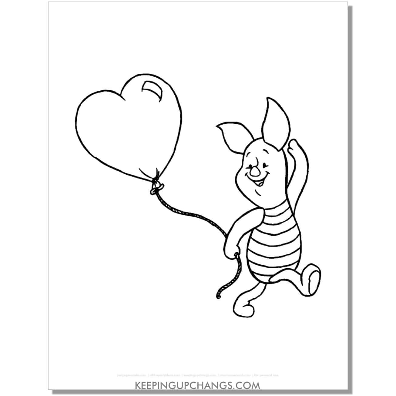 piglet holding heart balloon coloring page, sheet.