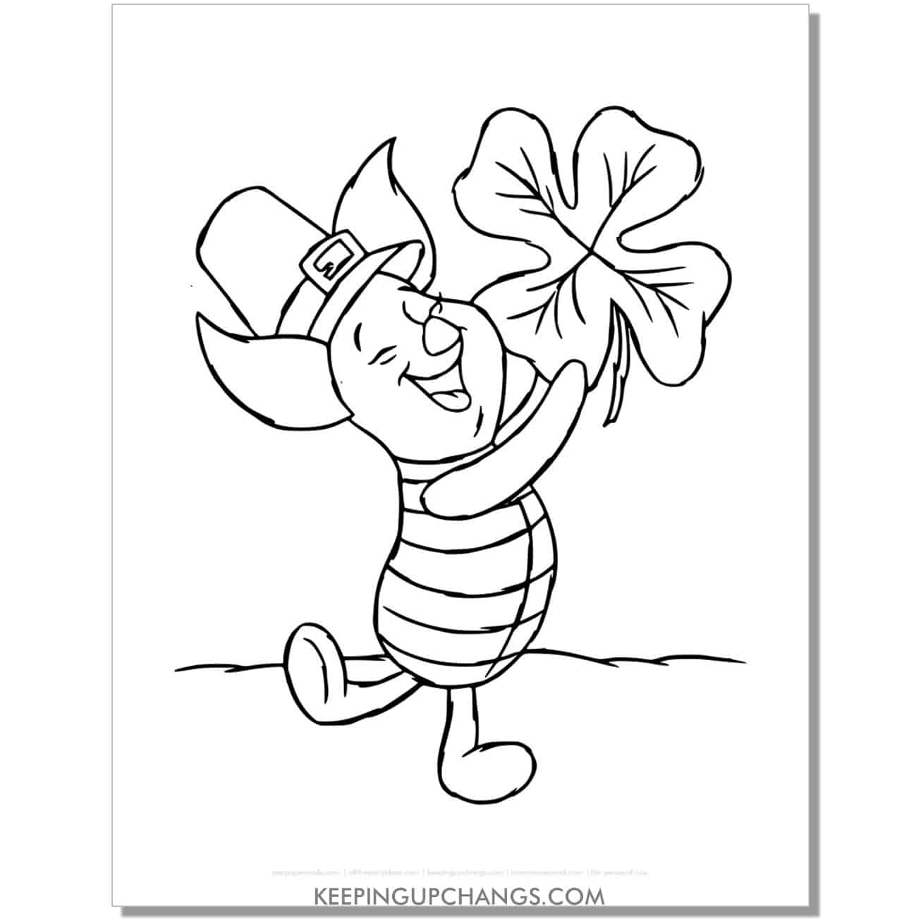 piglet with leprechaun hat and four leaf clover coloring page, sheet.