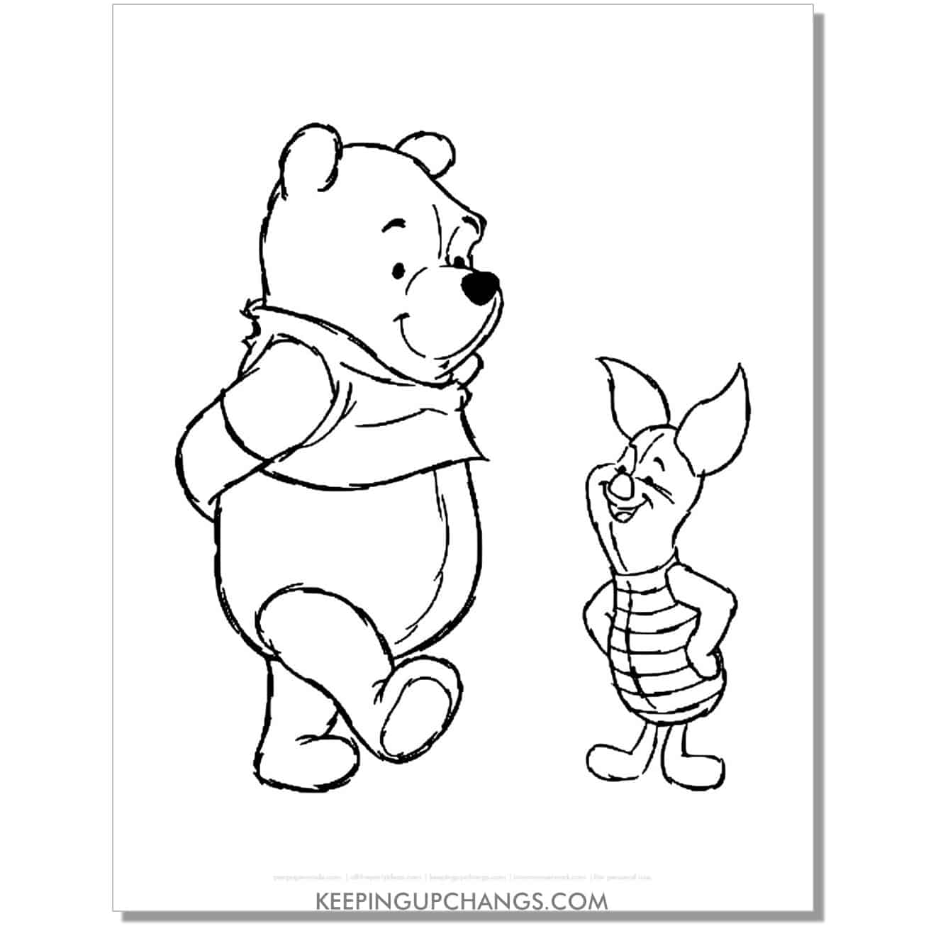 winnie the pooh and piglet standing coloring page, sheet.