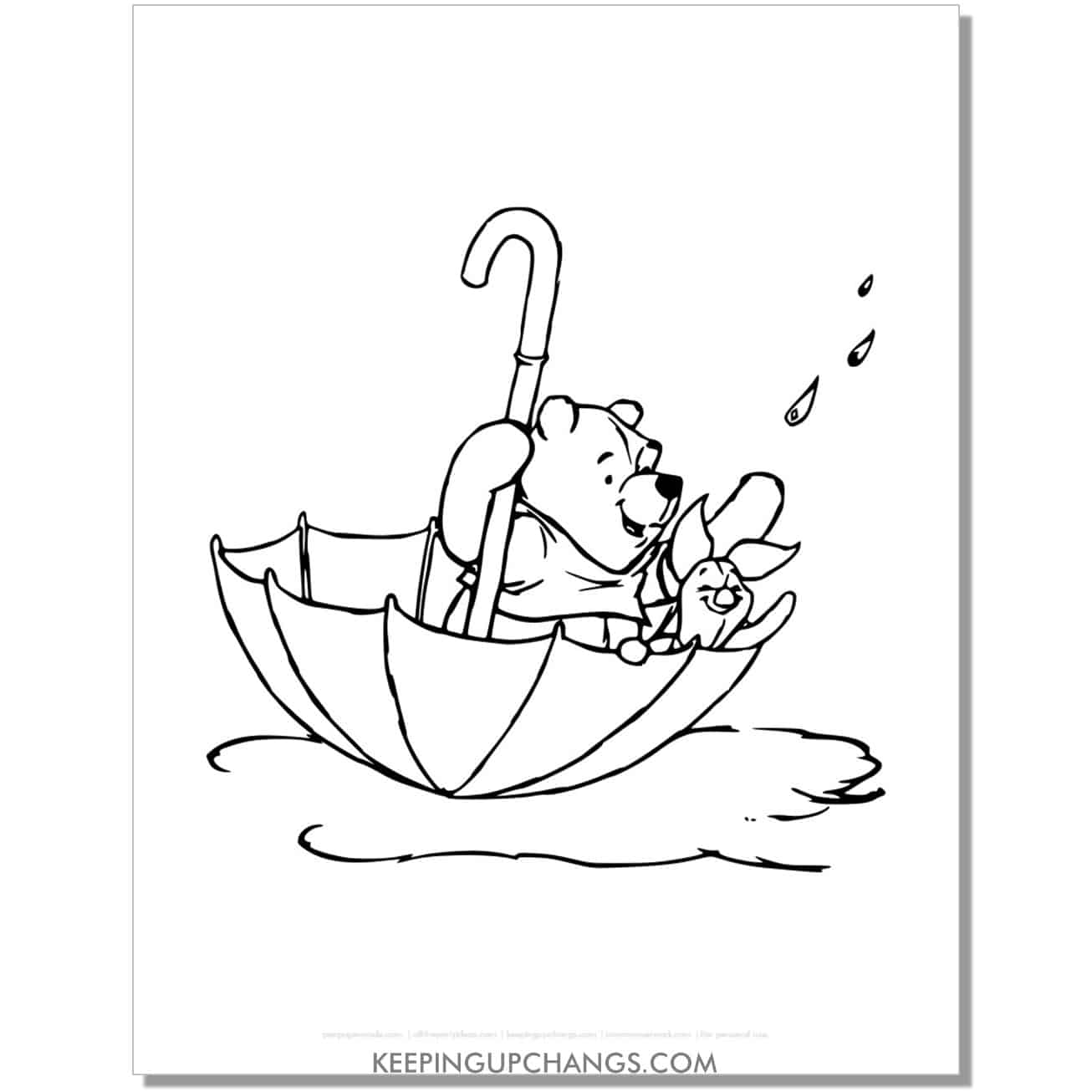 winnie the pooh and piglet in upside down umbrella coloring page, sheet.