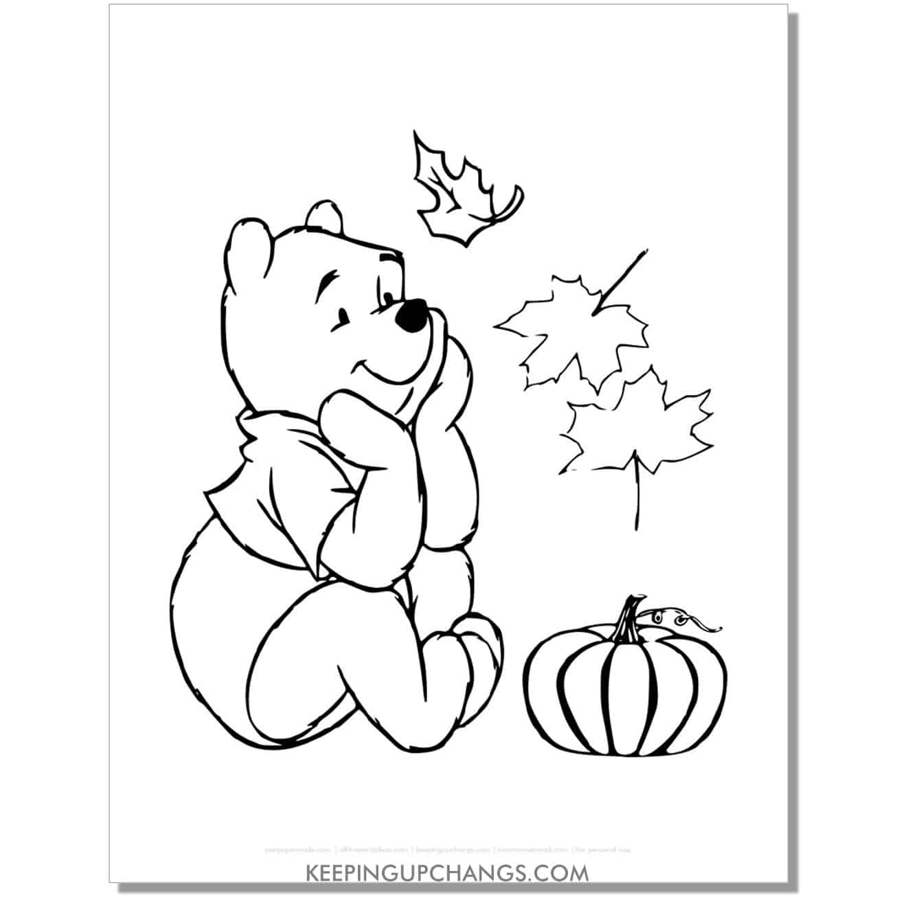 winnie the pooh with autumn leaves and pumpkin coloring page, sheet.