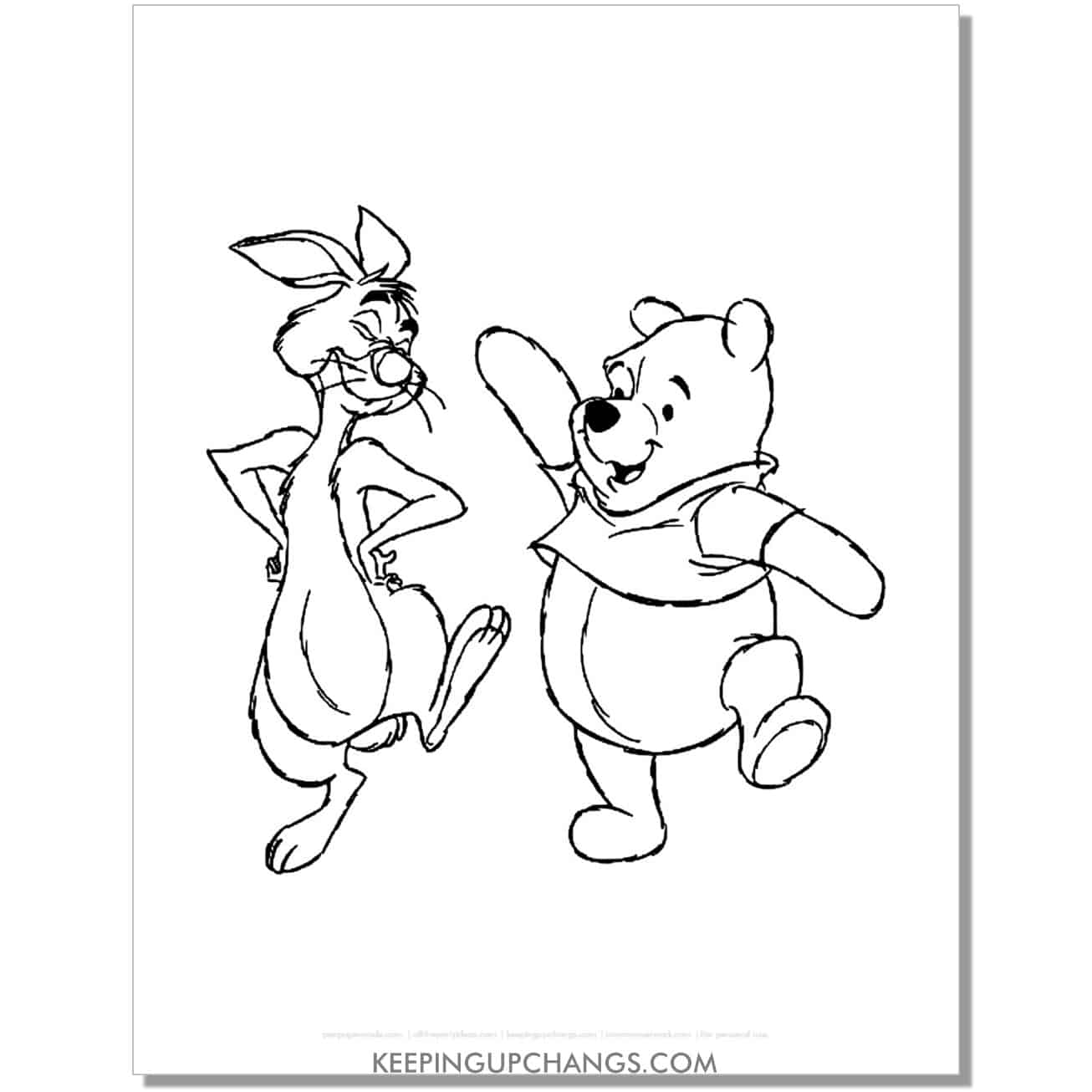 winnie the pooh and rabbit dancing coloring page, sheet.