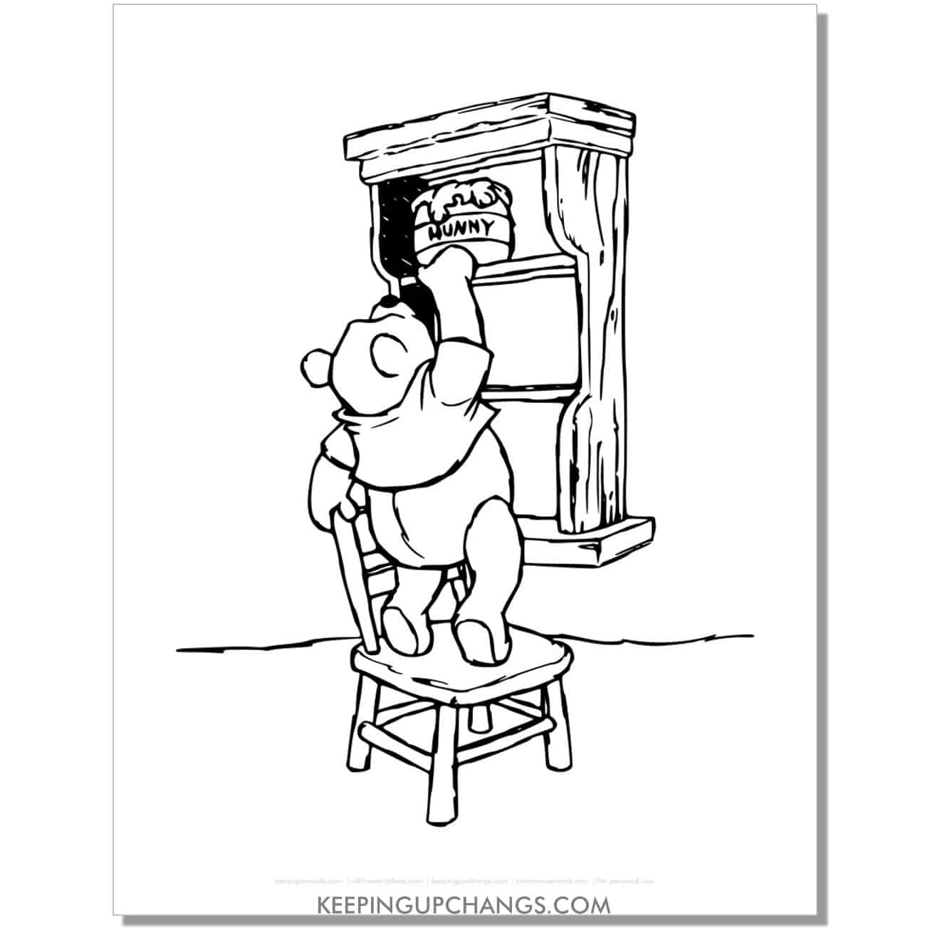 winnie the pooh stands on chair to reach honey pot on shelf coloring page, sheet.