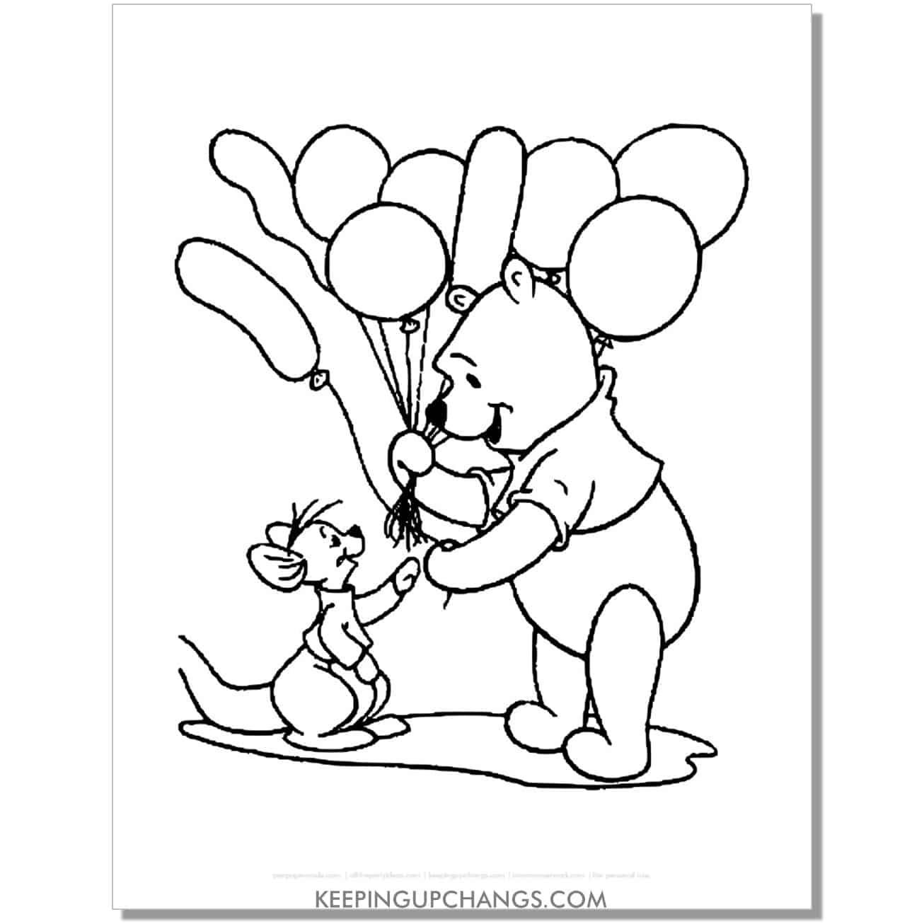 winnie the pooh and roo with balloons coloring page, sheet.