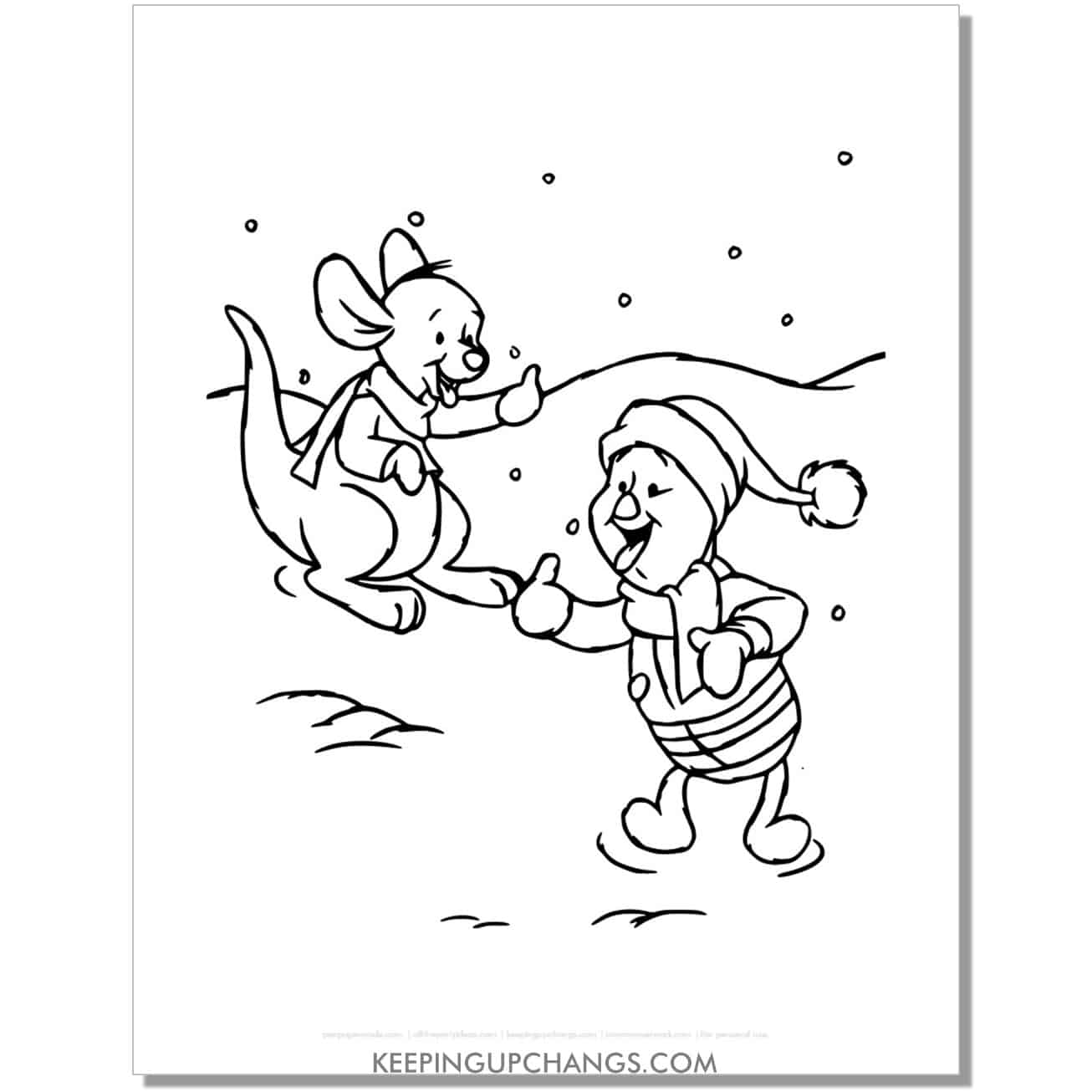 free piglet and roo with snow on tongue winter coloring page.