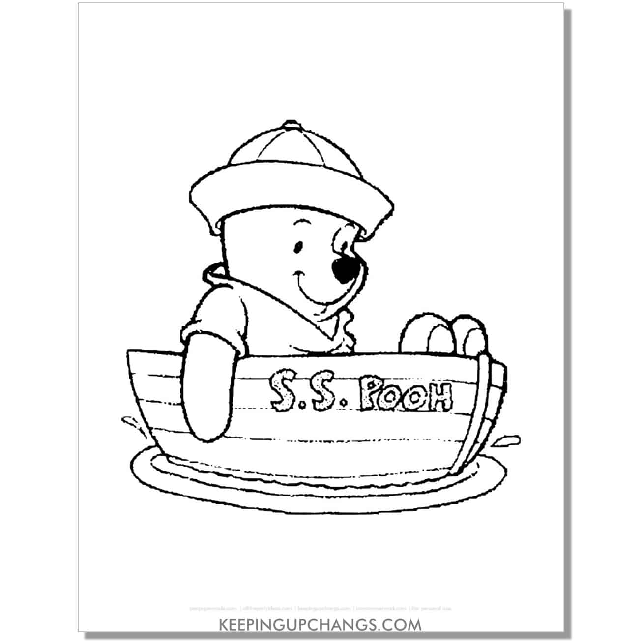 winnie the pooh sitting on boat s.s. pooh coloring page, sheet.
