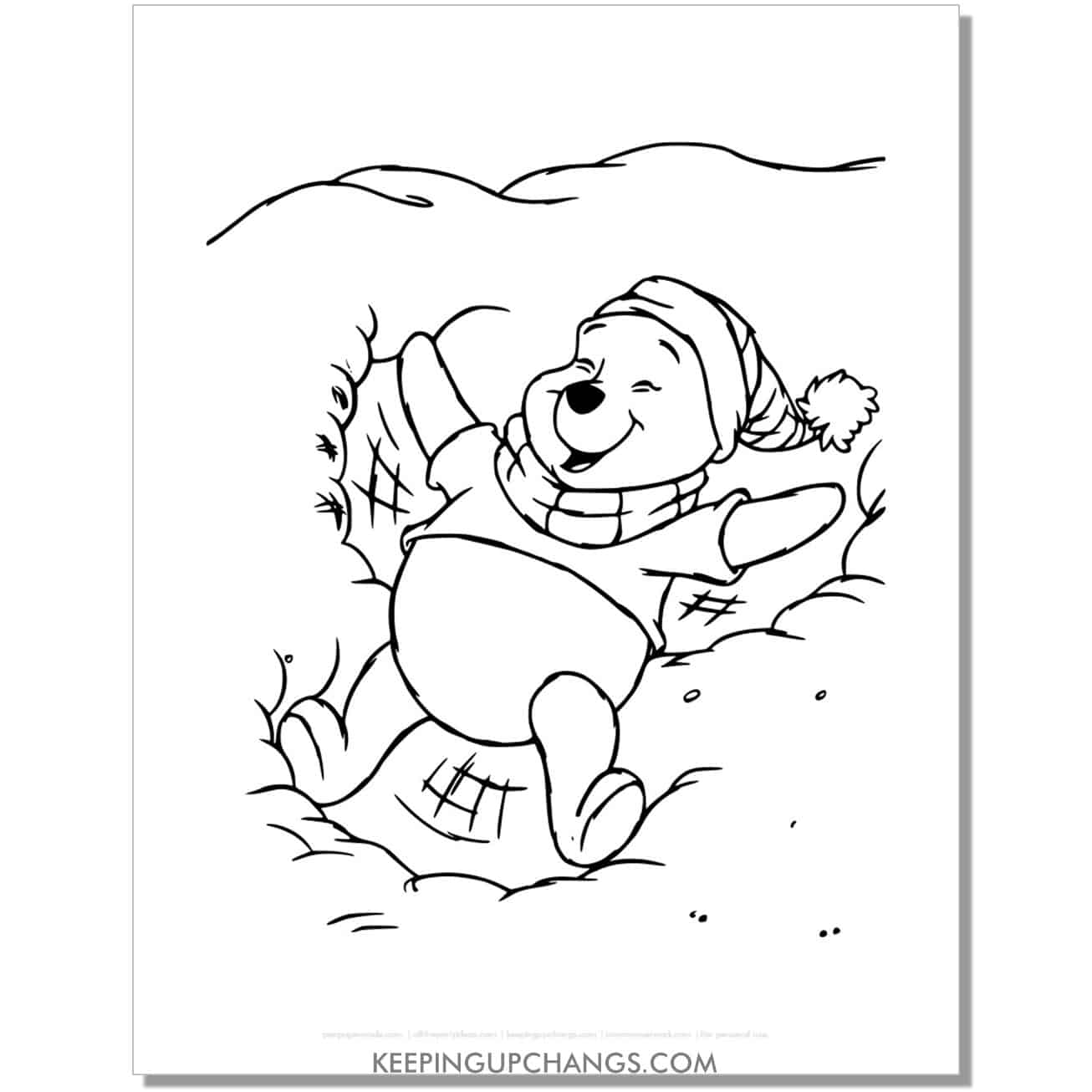 free winnie the pooh making snow angel coloring page.