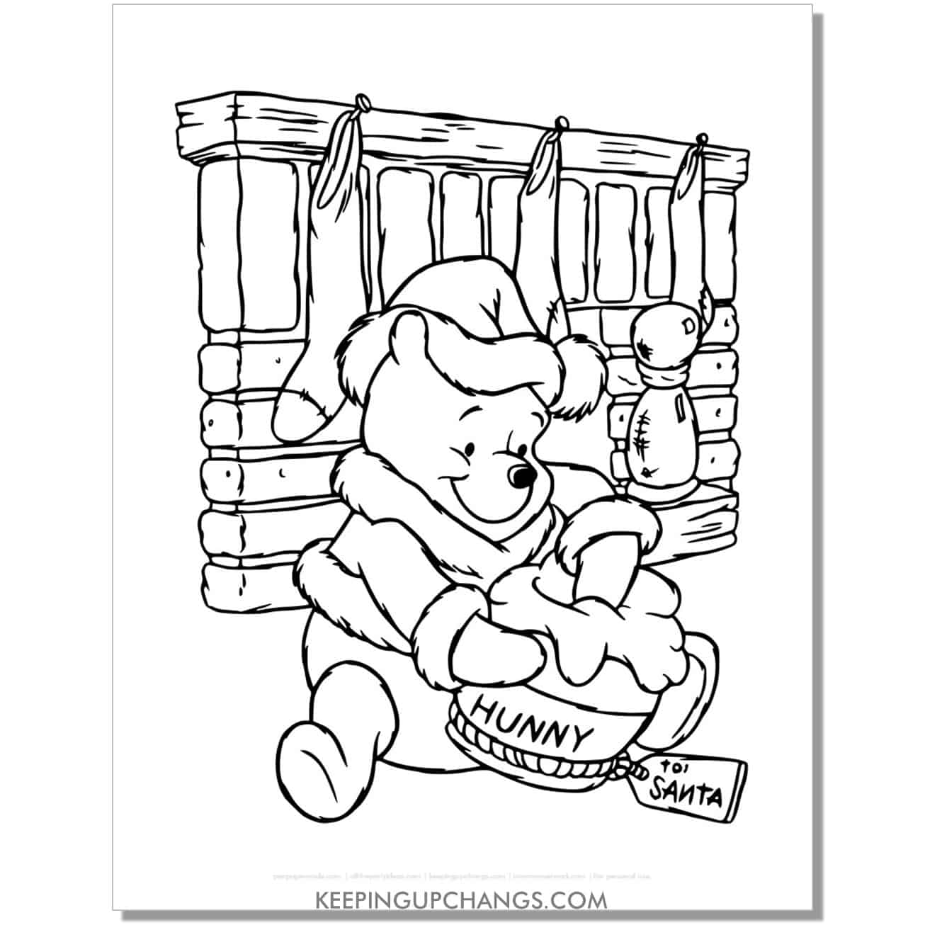 free winnie the pooh giving hunny to santa christmas coloring page.