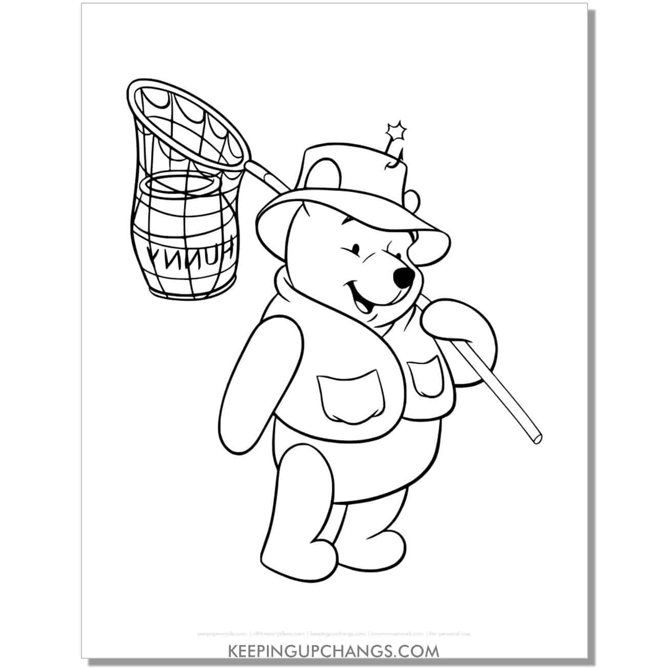 winnie the pooh with fish net and jar of honey coloring page, sheet.