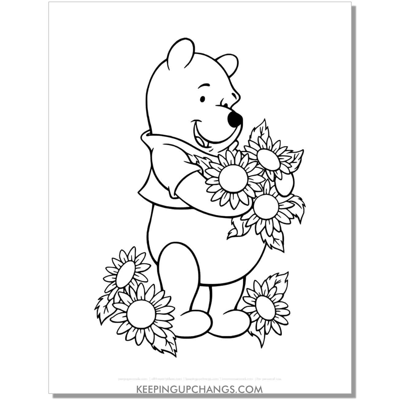 winnie the pooh holding sunflowers coloring page, sheet.