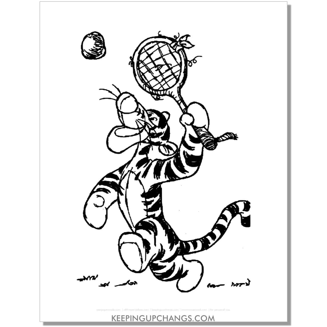 tigger swings racket at tennis ball coloring page, sheet.