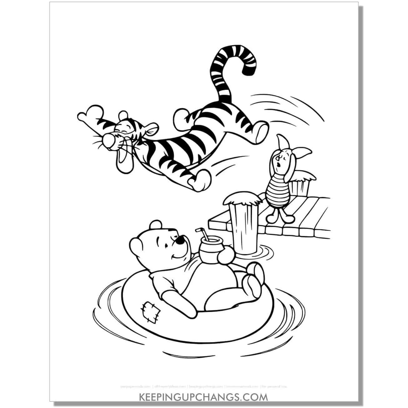 tigger jumps into water with pooh bear on floatie and piglet on dock coloring page, sheet.