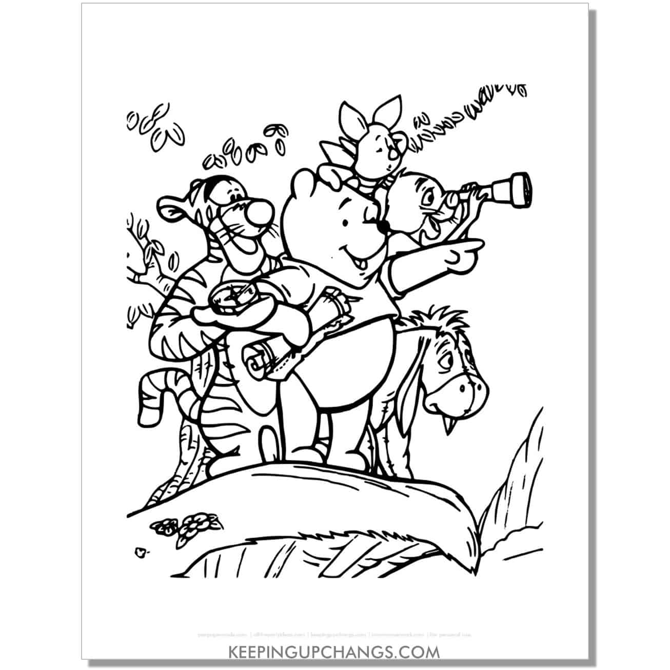 winnie the pooh and friends go on an adventure coloring page, sheet.