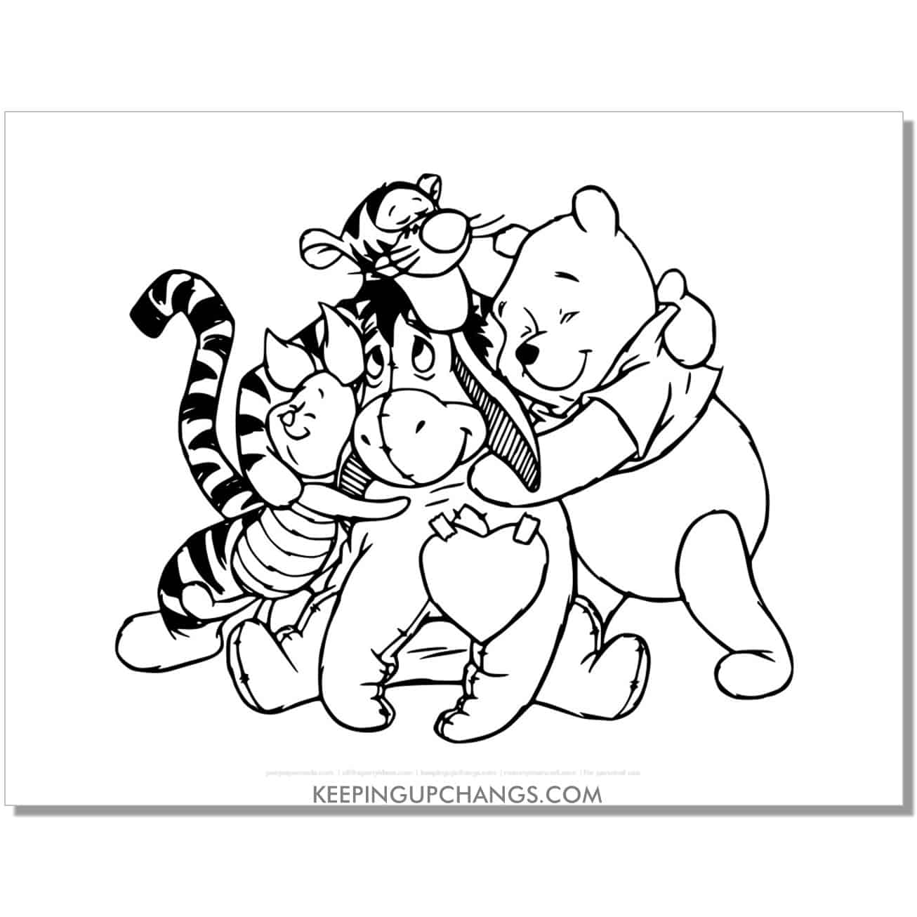 winnie the pooh friends in a group hug coloring page, sheet.