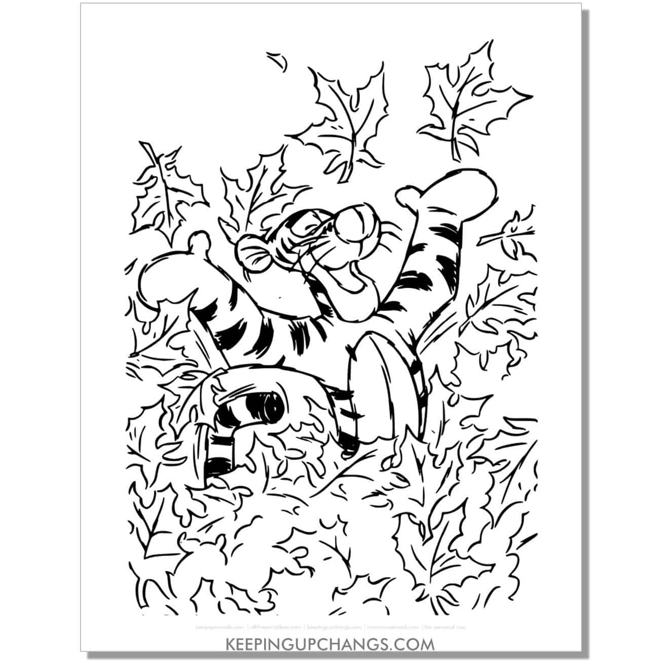 free winnie the pooh tigger in pile of leaves coloring page for fall, thanksgiving.