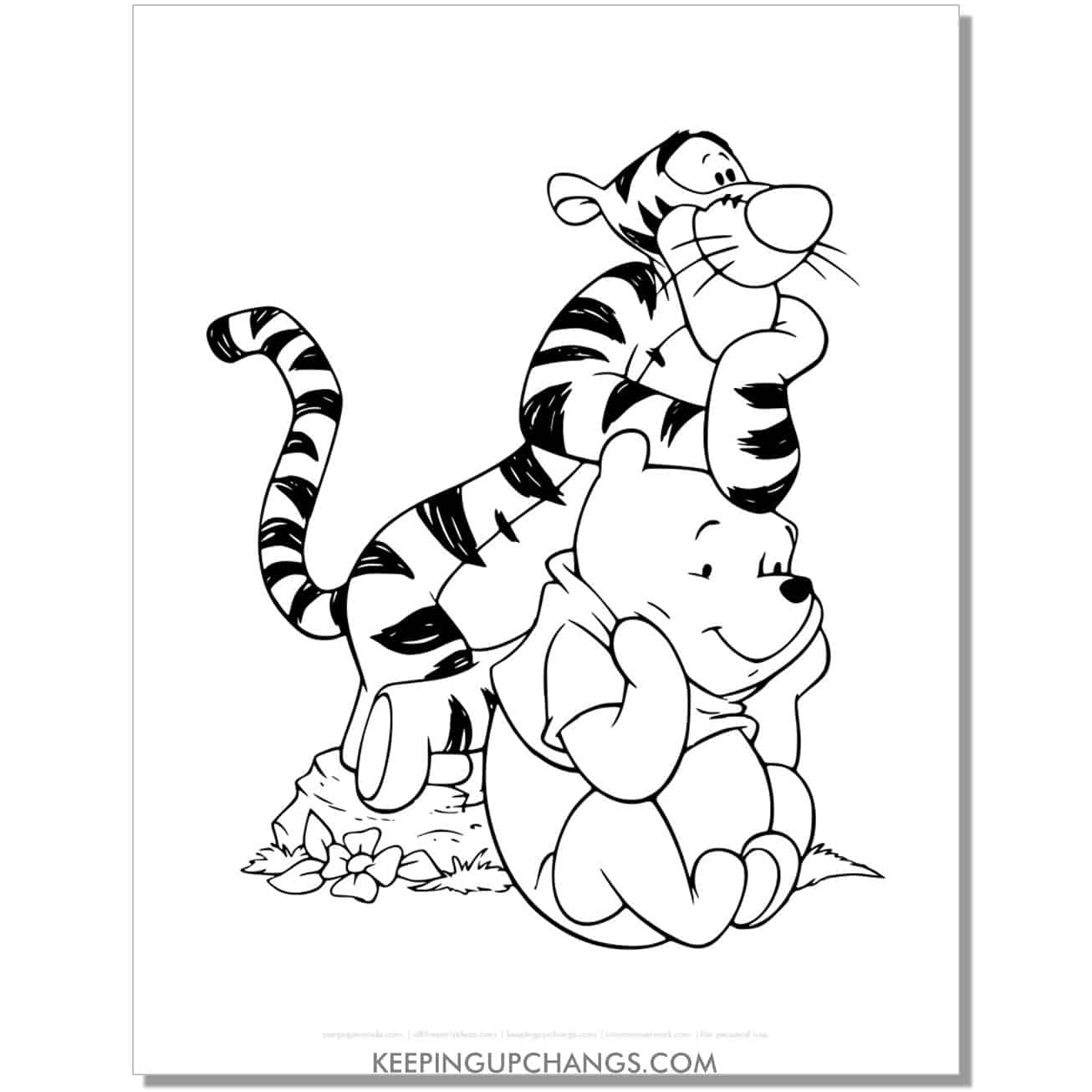 tigger rests hand on winnie the pooh's head coloring page, sheet.
