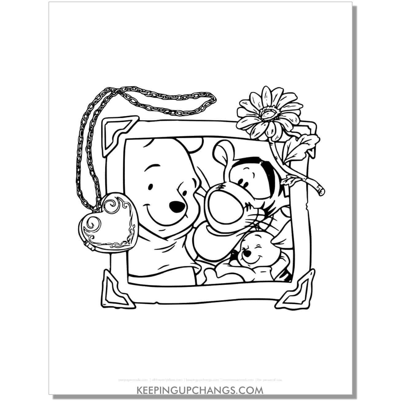 photo frame with tigger, winnie the pooh, and roo coloring page, sheet.