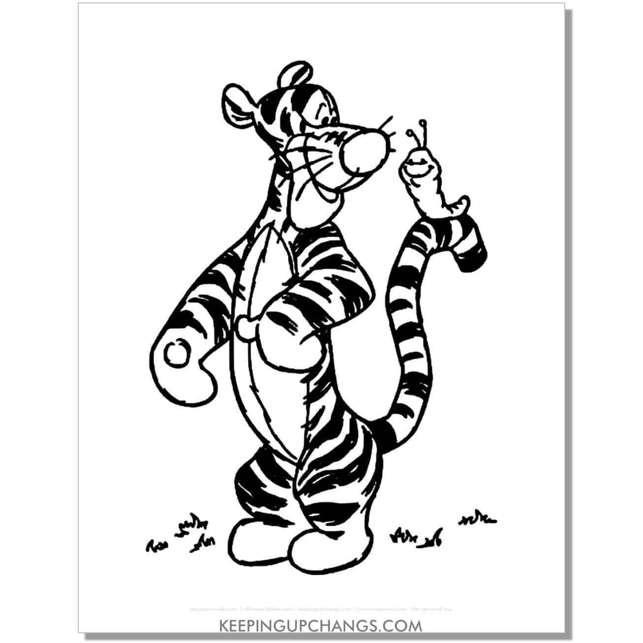 tigger with worm on tail coloring page, sheet.