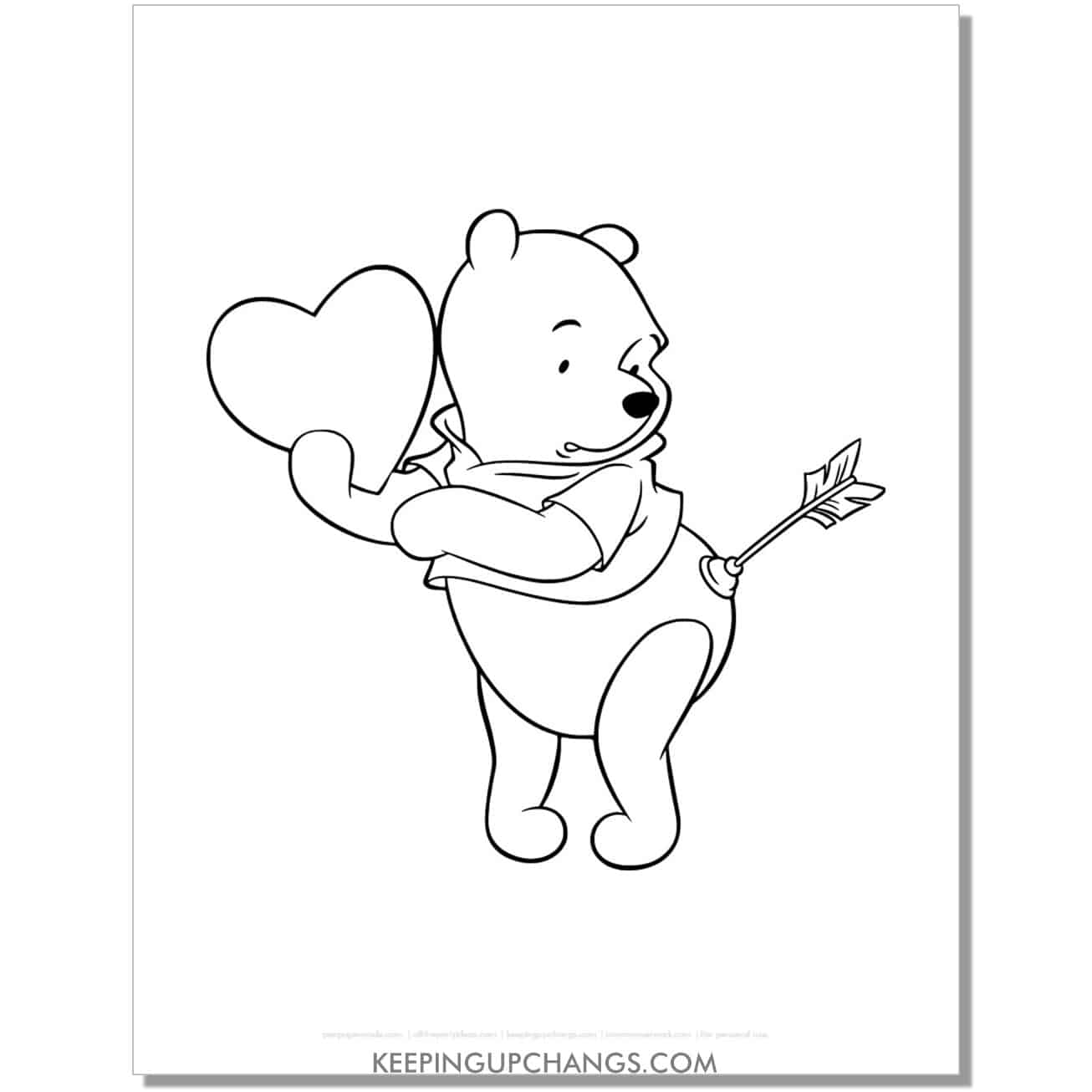 winnie the pooh hit by cupid's arrow and holding a heart coloring page, sheet.