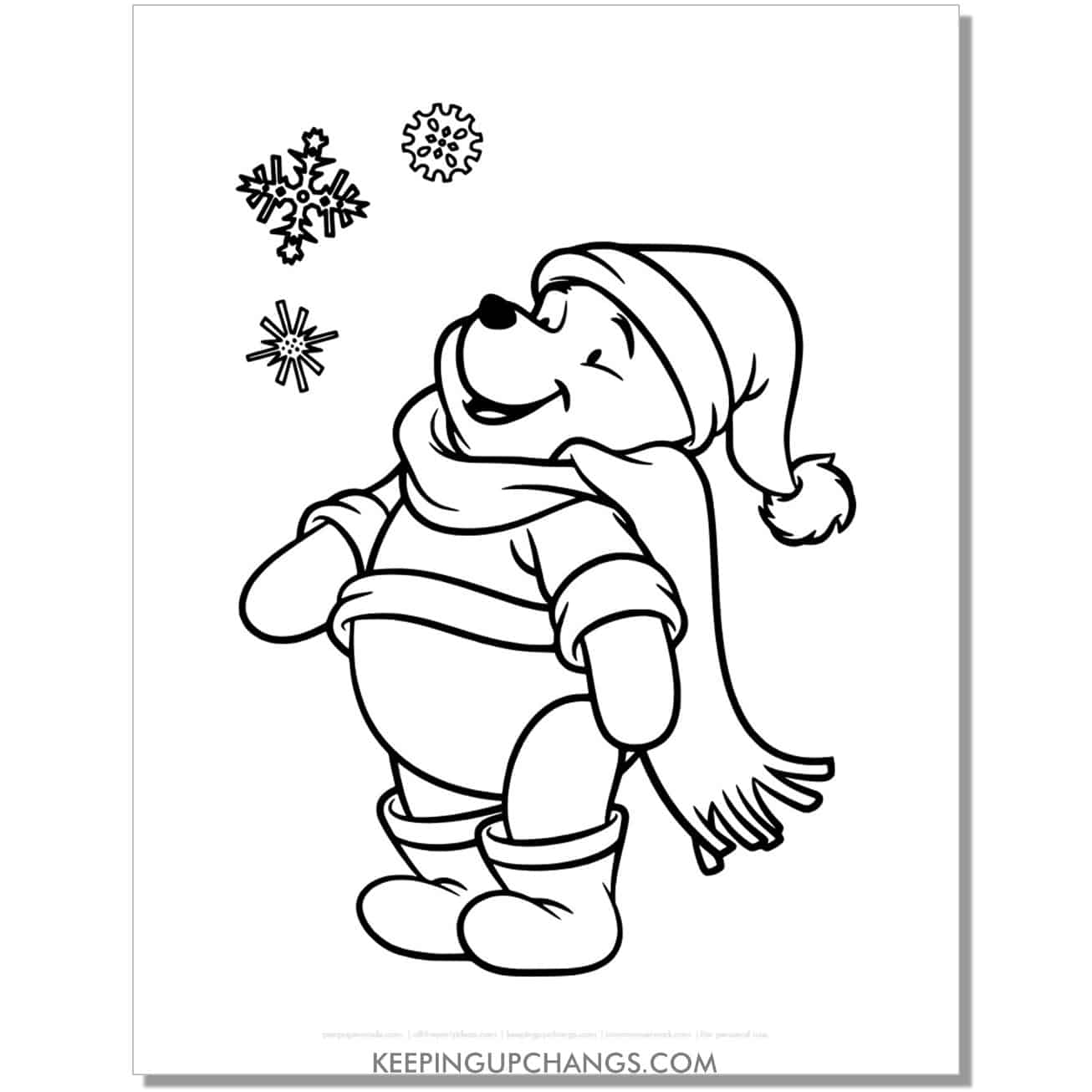 winnie the pooh christmas winter snowflake coloring page, sheet.
