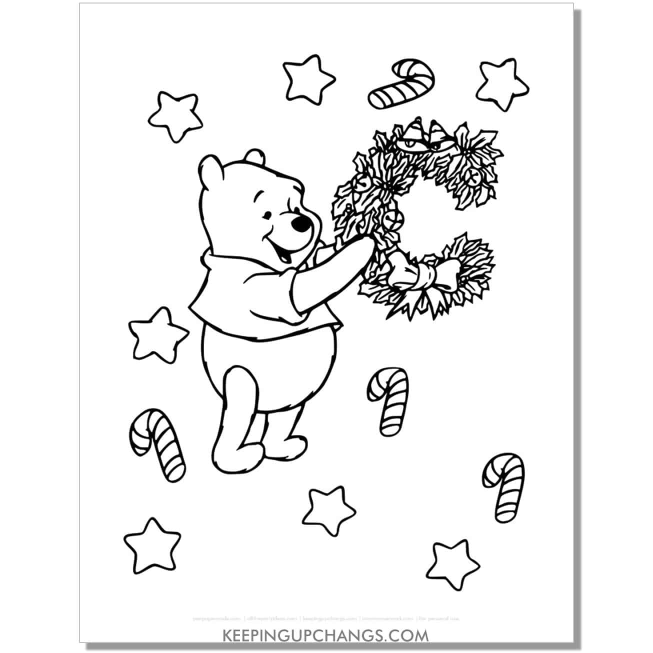 free winnie the pooh with wreath and candy cane christmas coloring page.