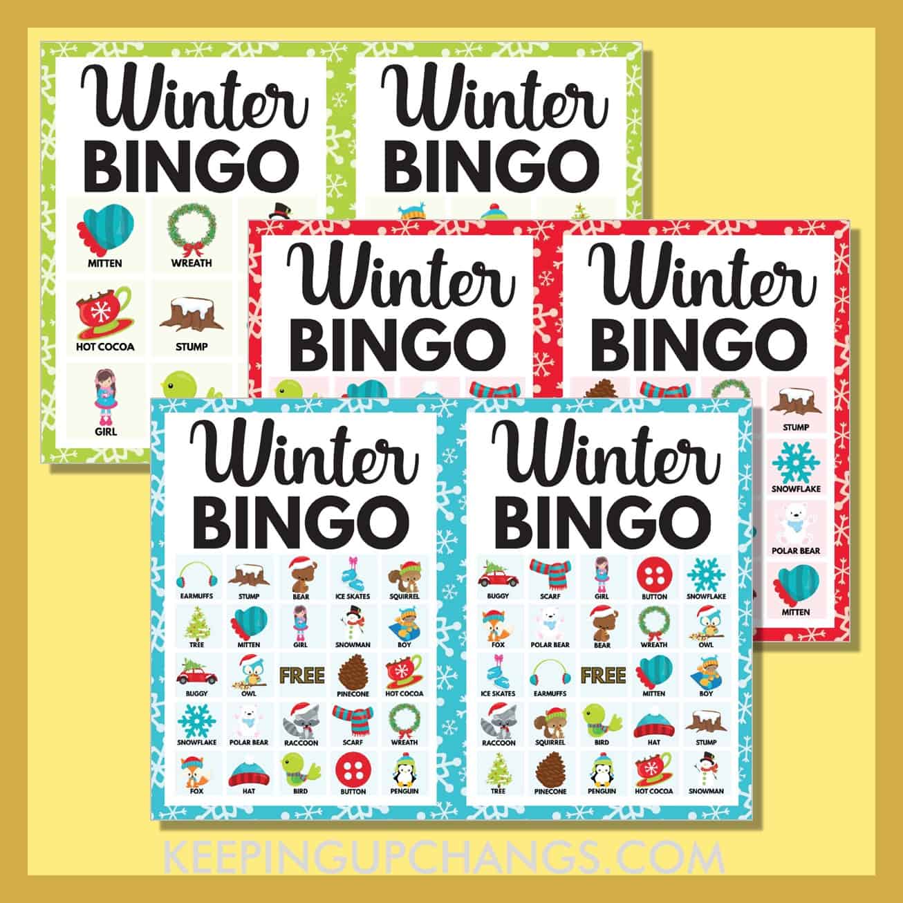 free winter bingo 5x5, 4x4, 3x3 game cards.