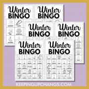 free black and white winter bingo 5x5, 4x4, 3x3 game cards for coloring.