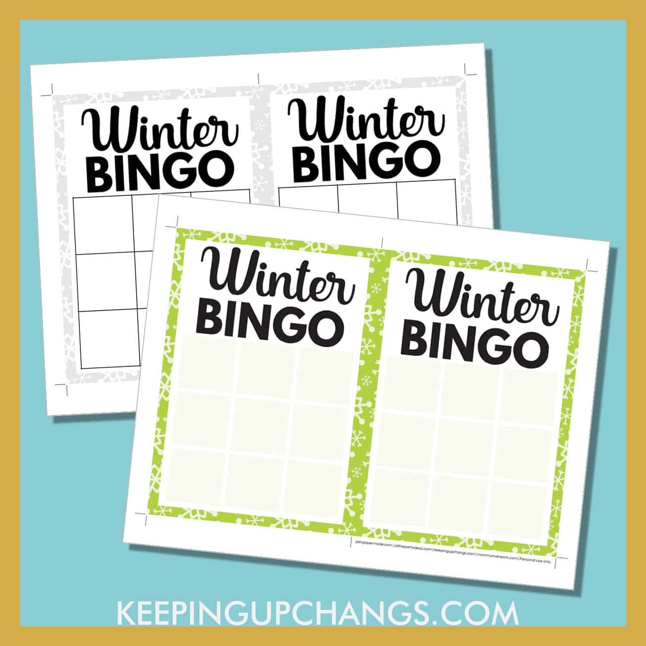free winter bingo 3x3 grid game board blank template in color, black and white.