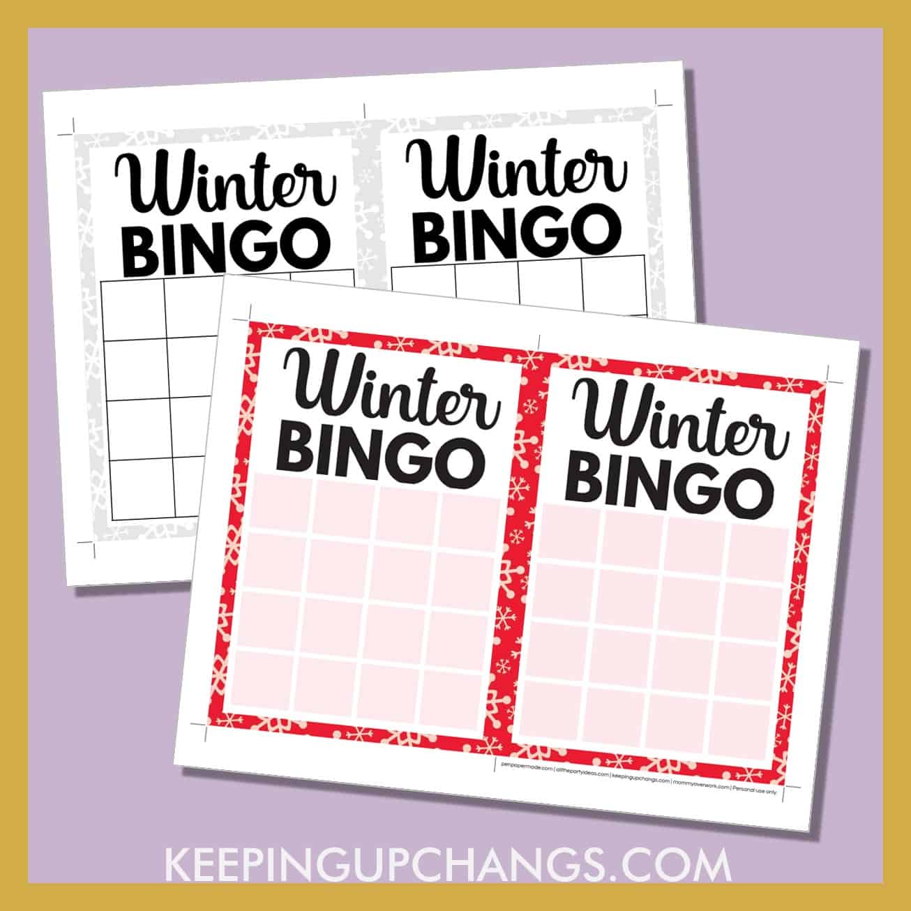 free winter bingo 4x4 grid game board blank template in color, black and white.