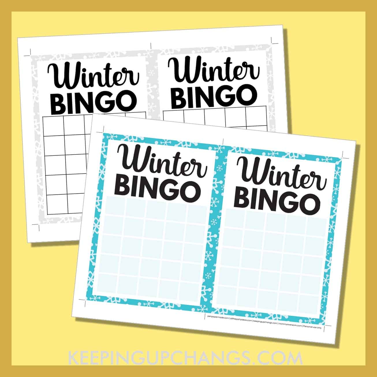 free winter bingo 5x5 grid game board blank template in color, black and white.